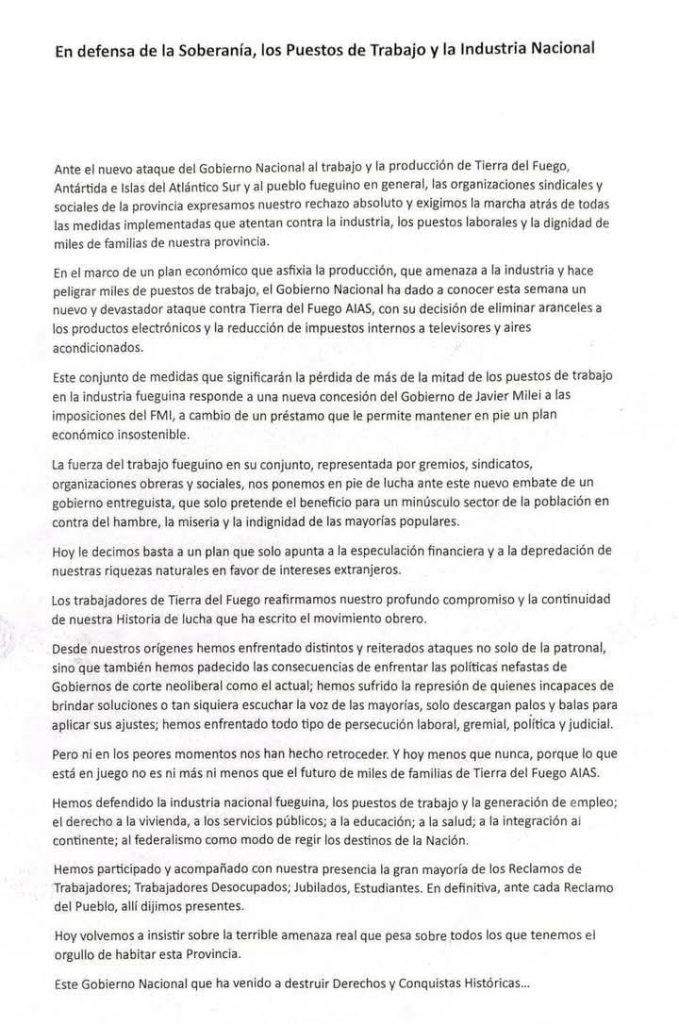 Carta de los líderes sindicales fueguinos en contra de la baja de aranceles a la importación de artículos electrónicos 