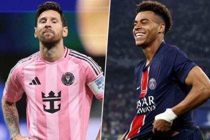 Lionel Messi con el equipo de Inter Miami y al lado jugador del psg