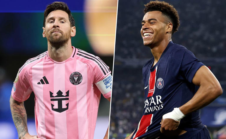 Lionel Messi con el equipo de Inter Miami y al lado jugador del psg