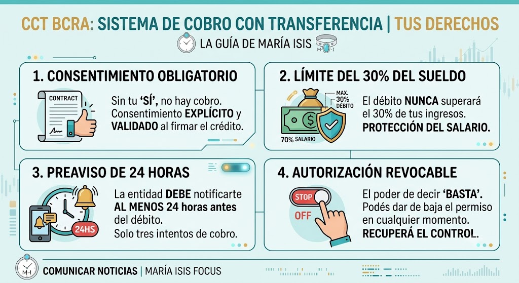 Infografía educativa de María Isis Focus que explica de forma sencilla las 4 reglas de protección al consumidor del nuevo Sistema de Cobro con Transferencia (CCT) del BCRA: consentimiento obligatorio, límite de cobro del 30% del sueldo, preaviso de 24 horas y derecho a revocar la autorización.